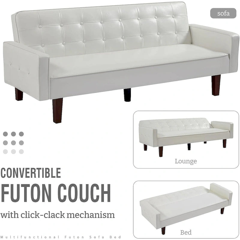 Canapé futon en similicuir, canapé-lit convertible capitonné de style scandinave avec pieds en bois