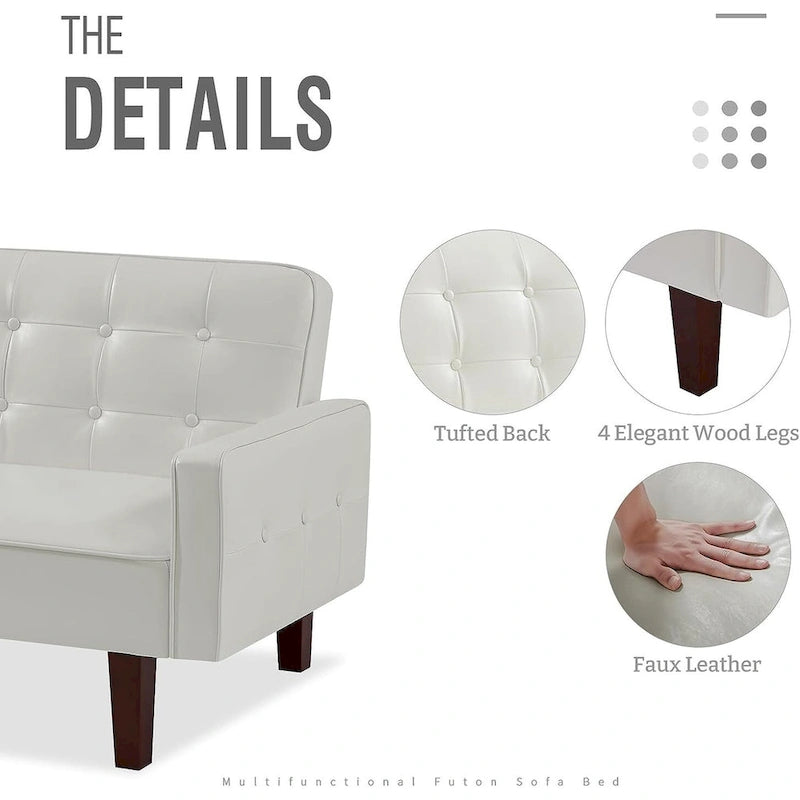Canapé futon en similicuir, canapé-lit convertible capitonné de style scandinave avec pieds en bois