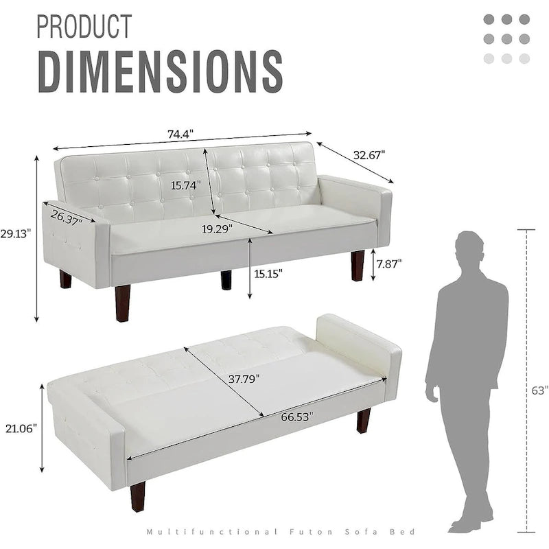 Canapé futon en similicuir, canapé-lit convertible capitonné de style scandinave avec pieds en bois