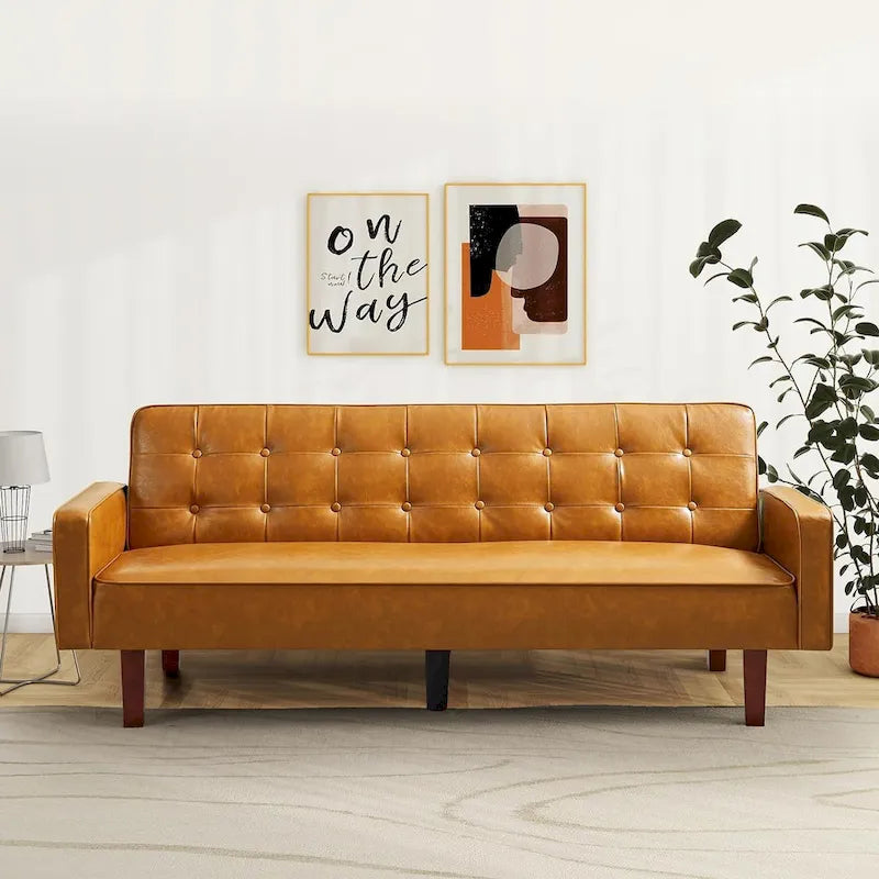 Canapé futon en similicuir, canapé-lit convertible capitonné de style scandinave avec pieds en bois