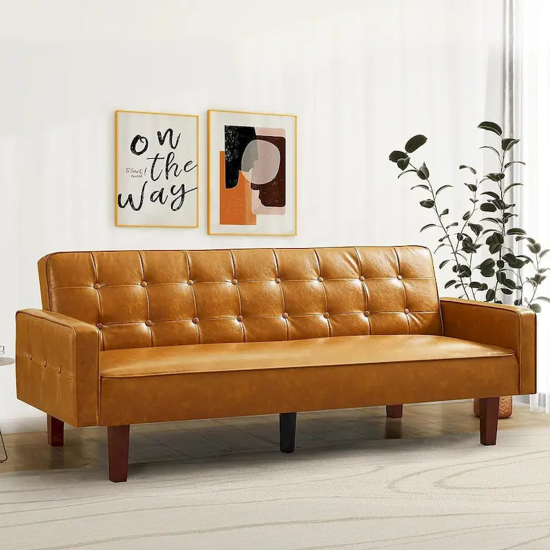 Canapé futon en similicuir, canapé-lit convertible capitonné de style scandinave avec pieds en bois