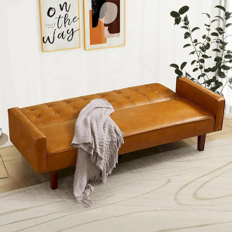 Canapé futon en similicuir, canapé-lit convertible capitonné de style scandinave avec pieds en bois