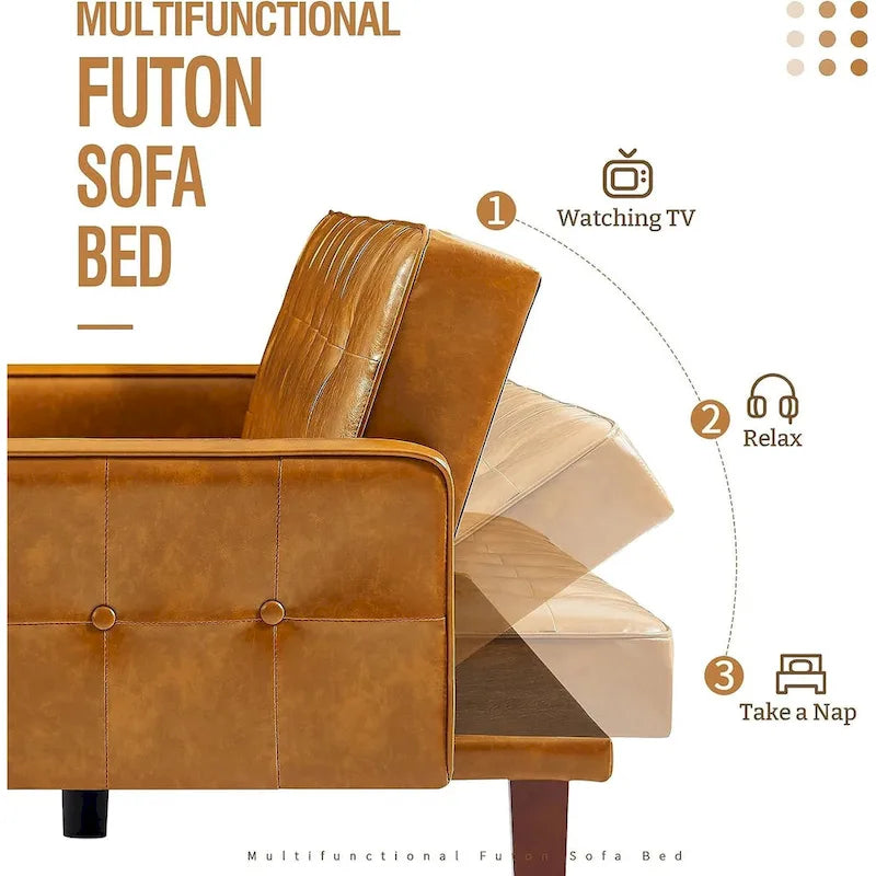 Canapé futon en similicuir, canapé-lit convertible capitonné de style scandinave avec pieds en bois
