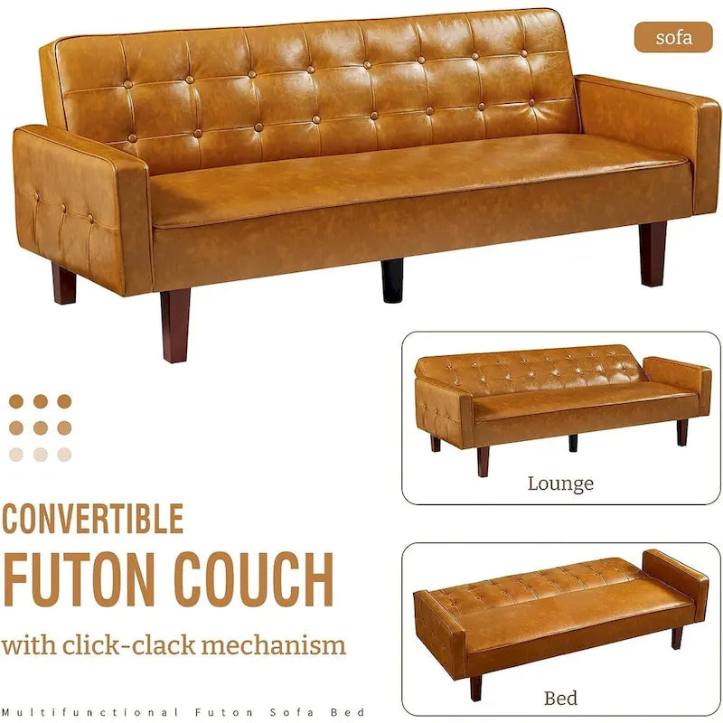 Canapé futon en similicuir, canapé-lit convertible capitonné de style scandinave avec pieds en bois