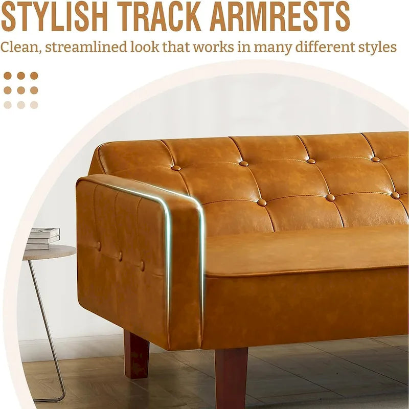 Canapé futon en similicuir, canapé-lit convertible capitonné de style scandinave avec pieds en bois