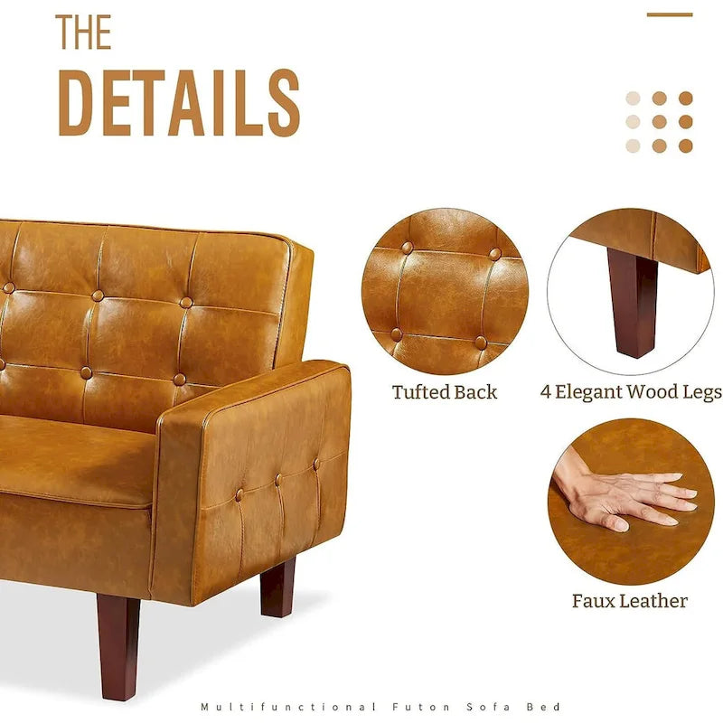 Canapé futon en similicuir, canapé-lit convertible capitonné de style scandinave avec pieds en bois
