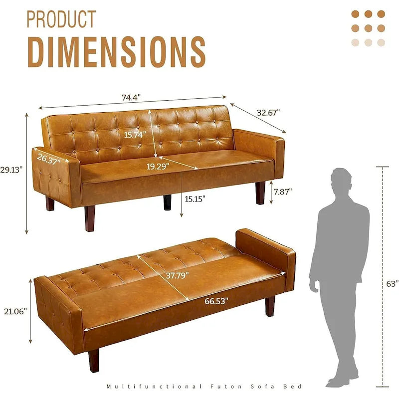 Canapé futon en similicuir, canapé-lit convertible capitonné de style scandinave avec pieds en bois