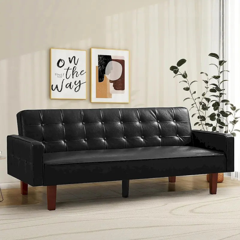 Canapé futon en similicuir, canapé-lit convertible capitonné de style scandinave avec pieds en bois