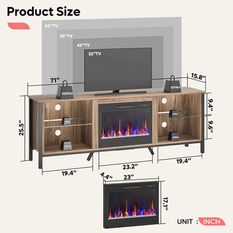 Meubles TV avec cheminée pour téléviseurs de 75 pouces Meuble TV console de divertissement de jeu - 71 pouces