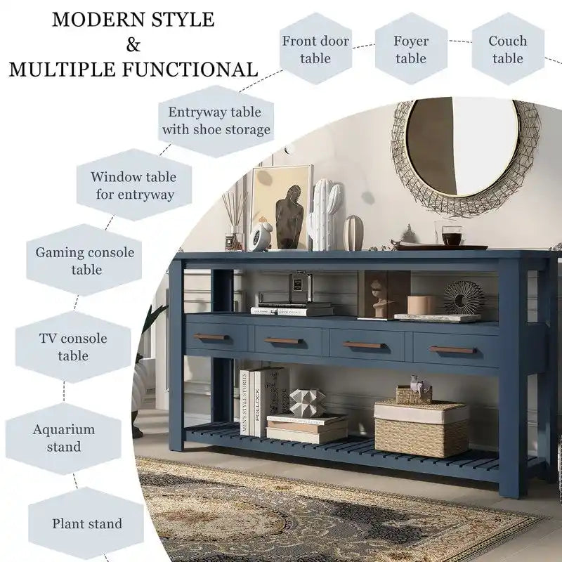 Longue console d'entrée avec tiroirs, table console de canapé en bois style ferme avec 4 tiroirs et 2 étagères