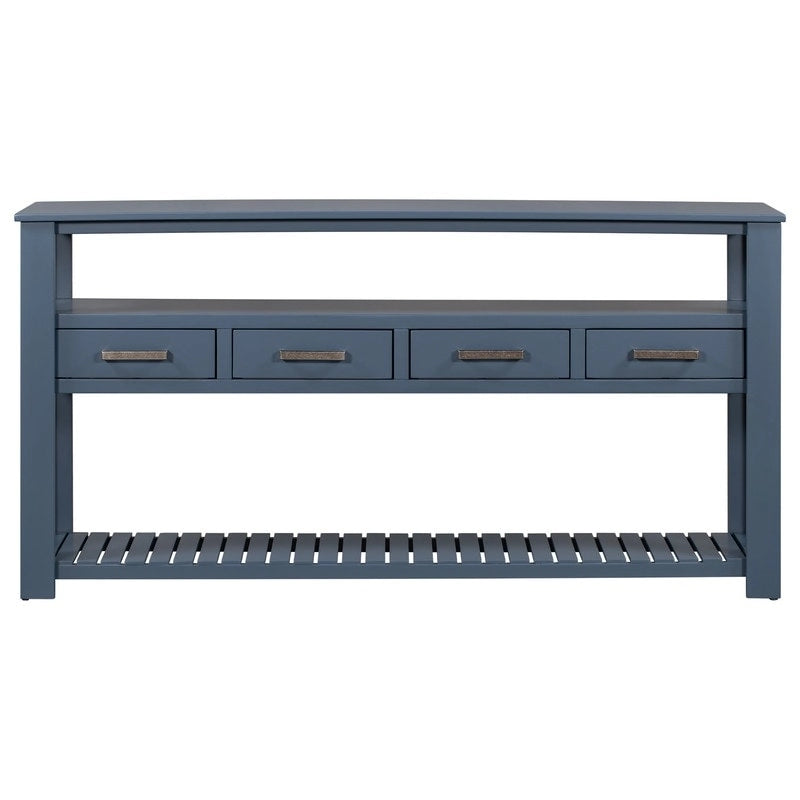 Longue console d'entrée avec tiroirs, table console de canapé en bois style ferme avec 4 tiroirs et 2 étagères