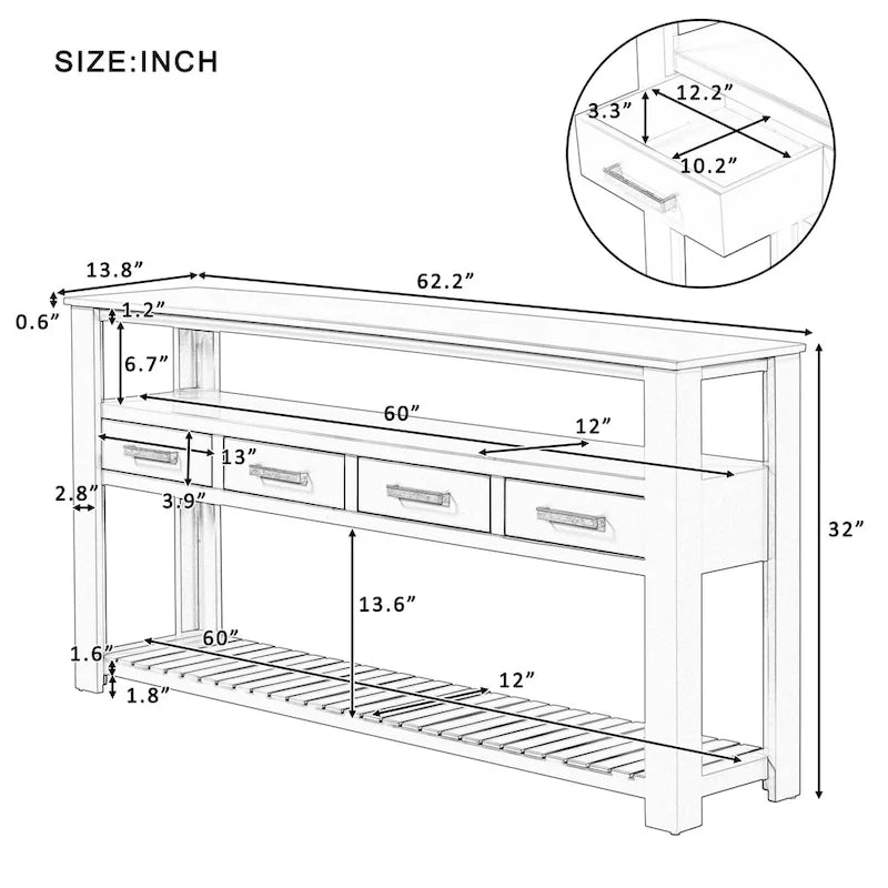 Longue console d'entrée avec tiroirs, table console de canapé en bois style ferme avec 4 tiroirs et 2 étagères