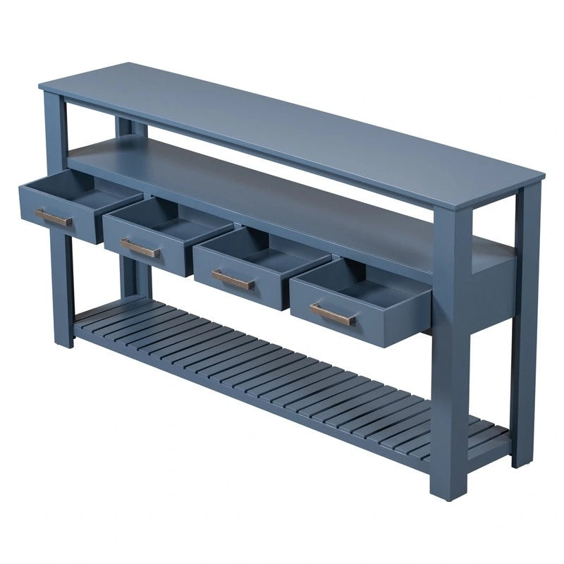 Longue console d'entrée avec tiroirs, table console de canapé en bois style ferme avec 4 tiroirs et 2 étagères