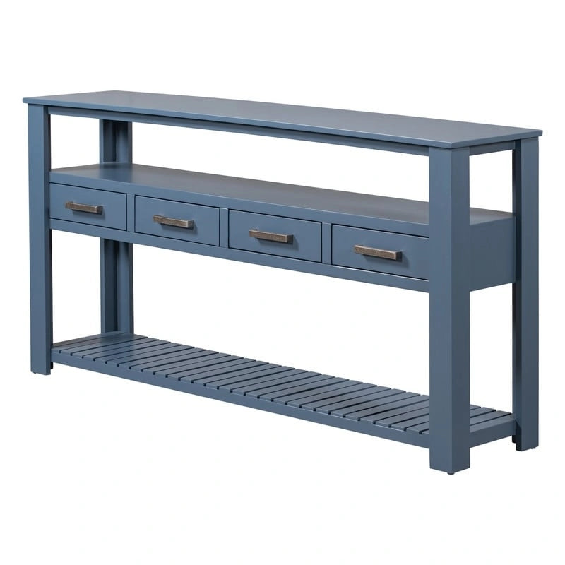 Longue console d'entrée avec tiroirs, table console de canapé en bois style ferme avec 4 tiroirs et 2 étagères