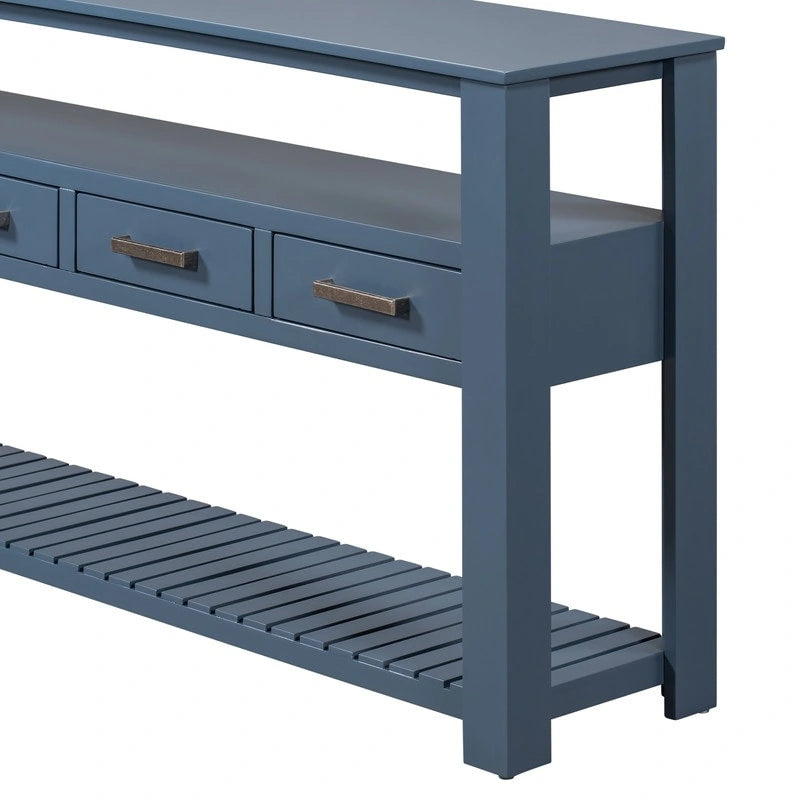 Longue console d'entrée avec tiroirs, table console de canapé en bois style ferme avec 4 tiroirs et 2 étagères