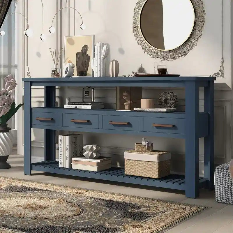 Longue console d'entrée avec tiroirs, table console de canapé en bois style ferme avec 4 tiroirs et 2 étagères