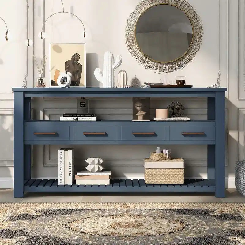Longue console d'entrée avec tiroirs, table console de canapé en bois style ferme avec 4 tiroirs et 2 étagères