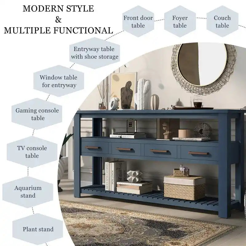 Longue console d'entrée avec tiroirs, table console de canapé en bois style ferme avec 4 tiroirs et 2 étagères