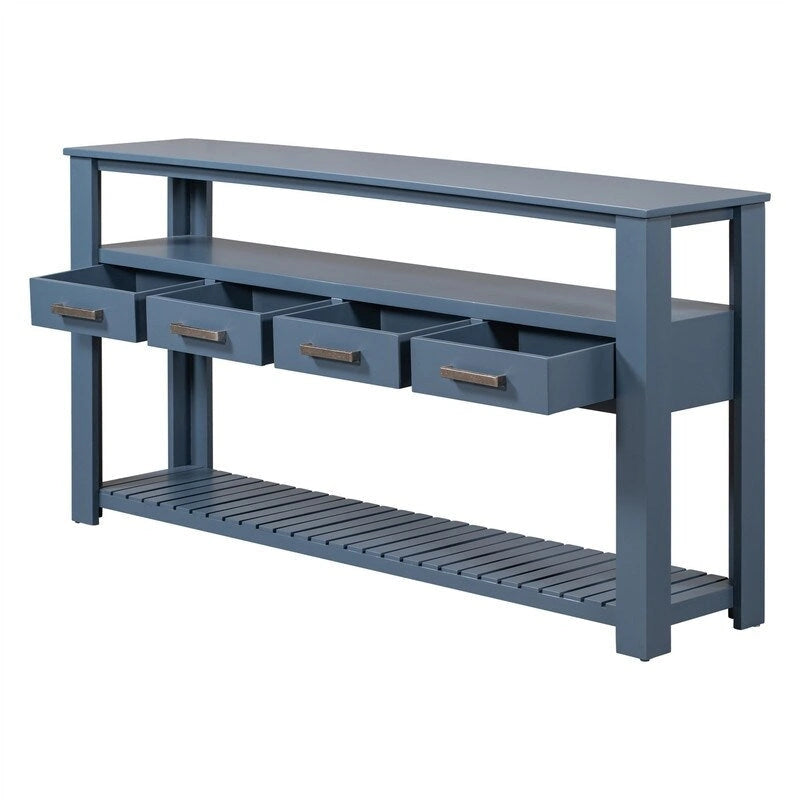 Longue console d'entrée avec tiroirs, table console de canapé en bois style ferme avec 4 tiroirs et 2 étagères