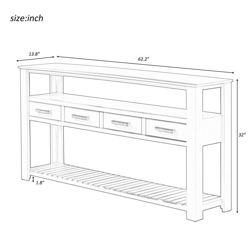 Longue console d'entrée avec tiroirs, table console de canapé en bois style ferme avec 4 tiroirs et 2 étagères