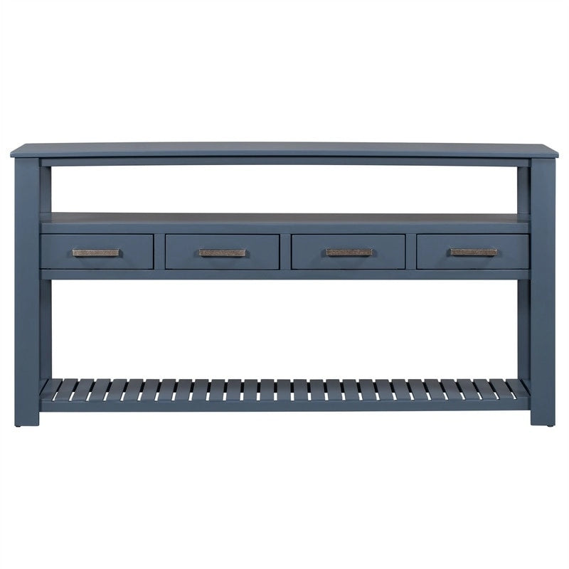 Longue console d'entrée avec tiroirs, table console de canapé en bois style ferme avec 4 tiroirs et 2 étagères