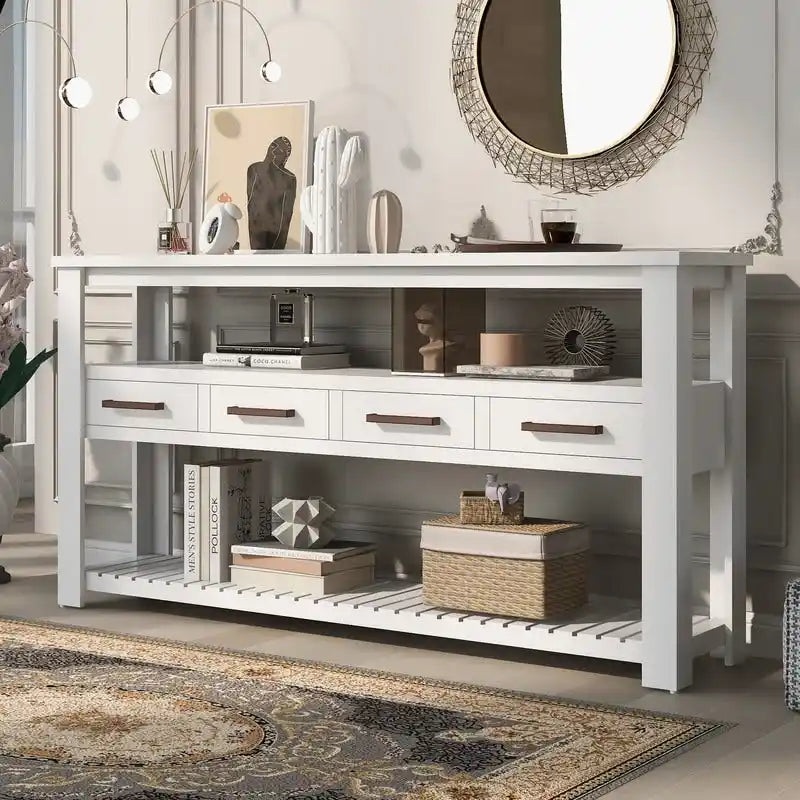 Longue console d'entrée avec tiroirs, table console de canapé en bois style ferme avec 4 tiroirs et 2 étagères