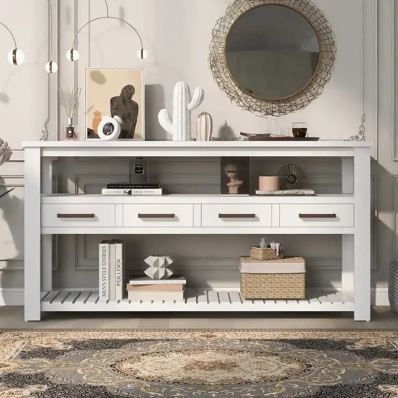 Longue console d'entrée avec tiroirs, table console de canapé en bois style ferme avec 4 tiroirs et 2 étagères