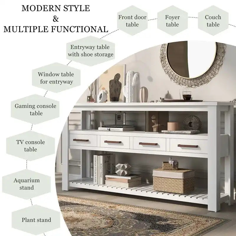 Longue console d'entrée avec tiroirs, table console de canapé en bois style ferme avec 4 tiroirs et 2 étagères