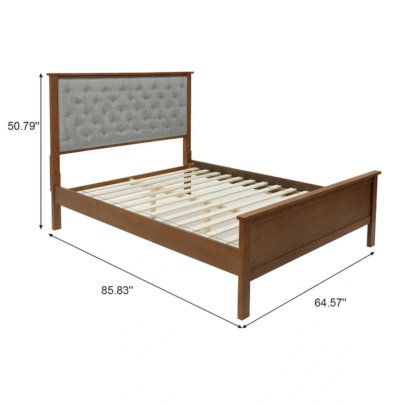 Tête de lit capitonnée grise et pied de lit en bois pour grand lit
