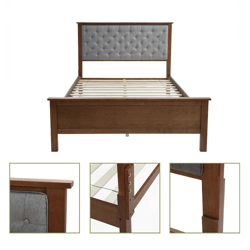 Tête de lit capitonnée grise et pied de lit en bois pour grand lit