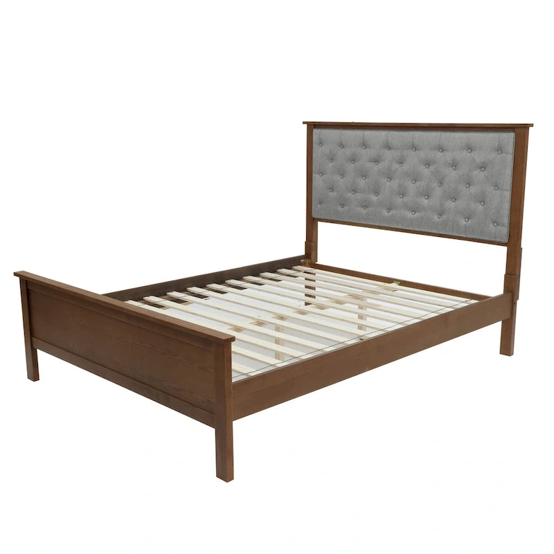 Tête de lit capitonnée grise et pied de lit en bois pour grand lit