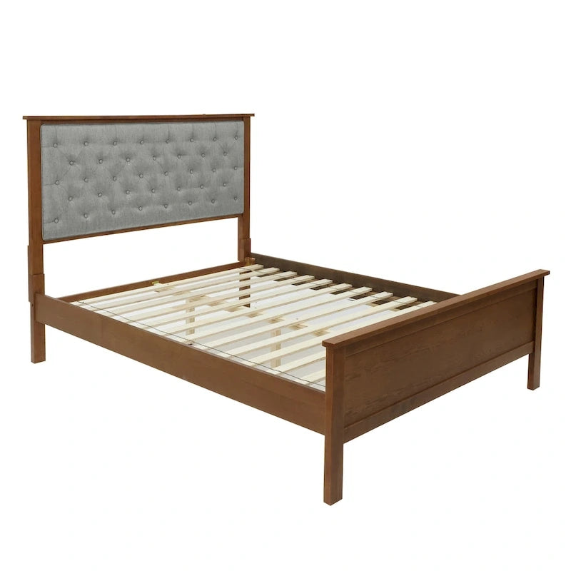 Tête de lit capitonnée grise et pied de lit en bois pour grand lit
