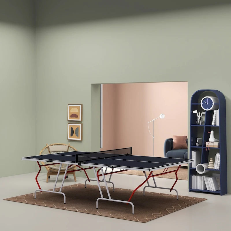Table de tennis de table pleine grandeur Soozier, se plie en quatre, table de tennis de table portable avec filet, raquettes, balles, MDF, gris anthracite