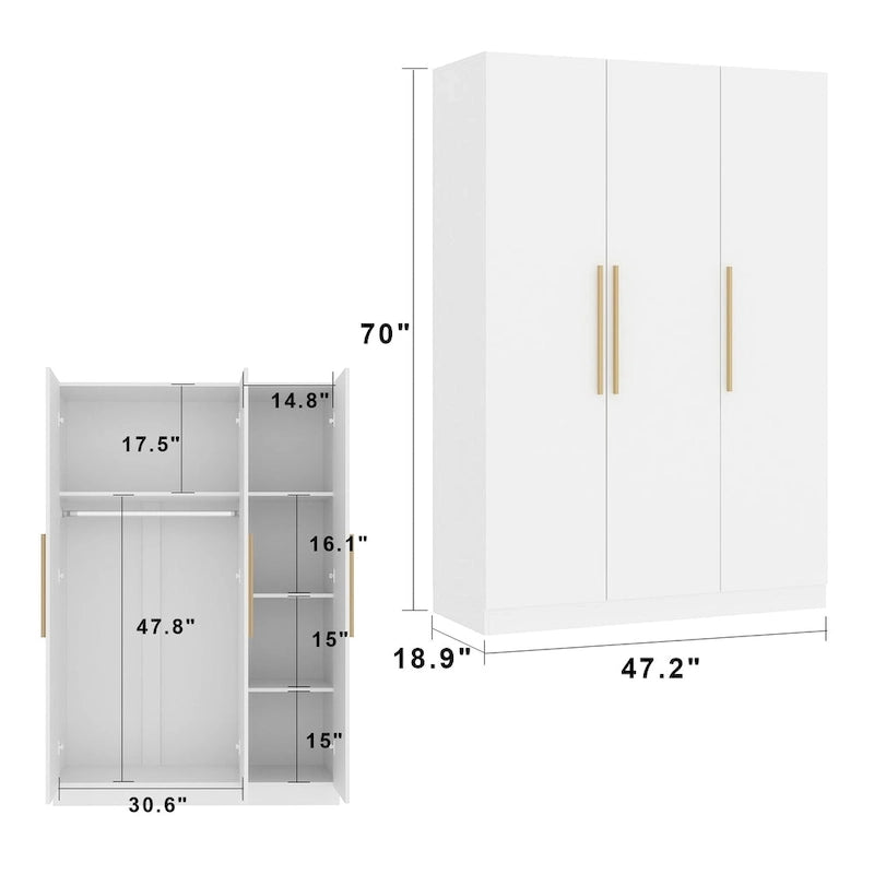 Timechee 47.2 Armoire de rangement pour vêtements avec poignées en bois massif Blanc