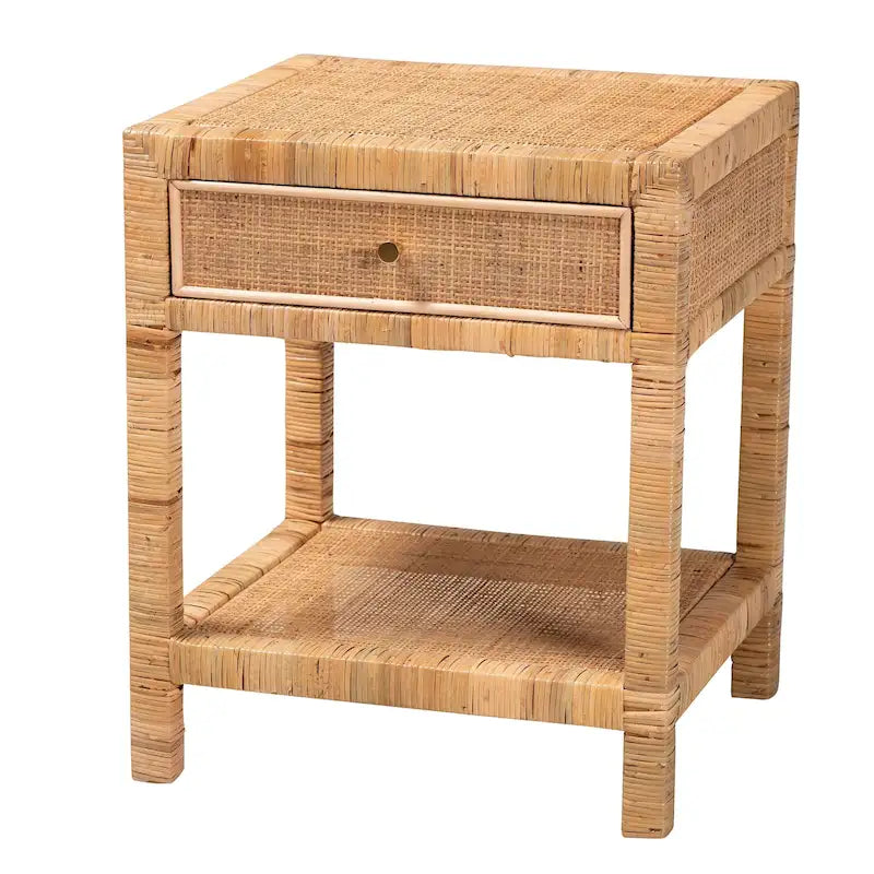 Table de chevet Adelia en rotin naturel et bois d'acajou avec 1 tiroir, style bohème moderne