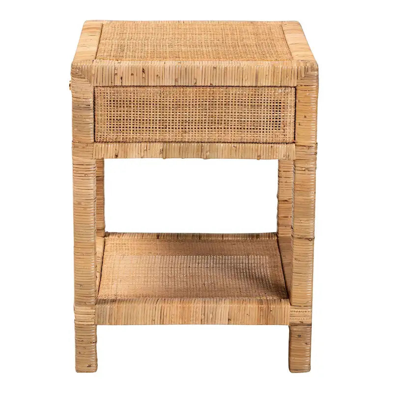 Table de chevet Adelia en rotin naturel et bois d'acajou avec 1 tiroir, style bohème moderne