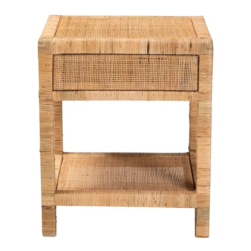Table de chevet Adelia en rotin naturel et bois d'acajou avec 1 tiroir, style bohème moderne