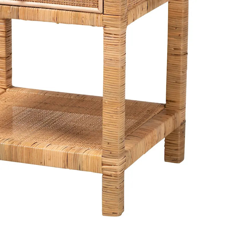 Table de chevet Adelia en rotin naturel et bois d'acajou avec 1 tiroir, style bohème moderne