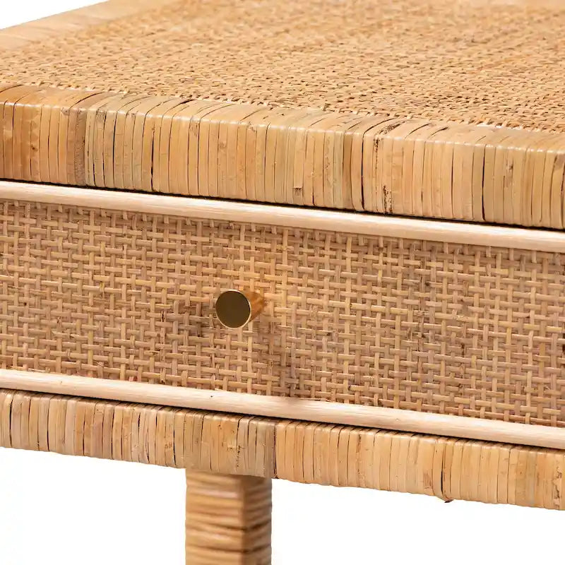 Table de chevet Adelia en rotin naturel et bois d'acajou avec 1 tiroir, style bohème moderne
