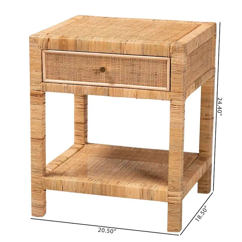 Table de chevet Adelia en rotin naturel et bois d'acajou avec 1 tiroir, style bohème moderne