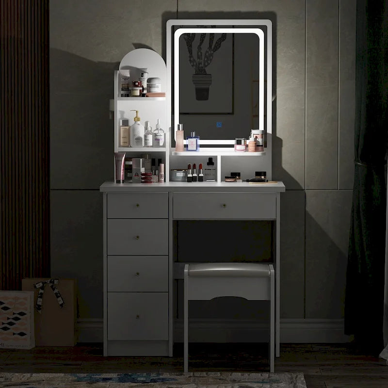 Coiffeuse de 80 cm de large avec tabouret et miroir tactile lumineux - 80W