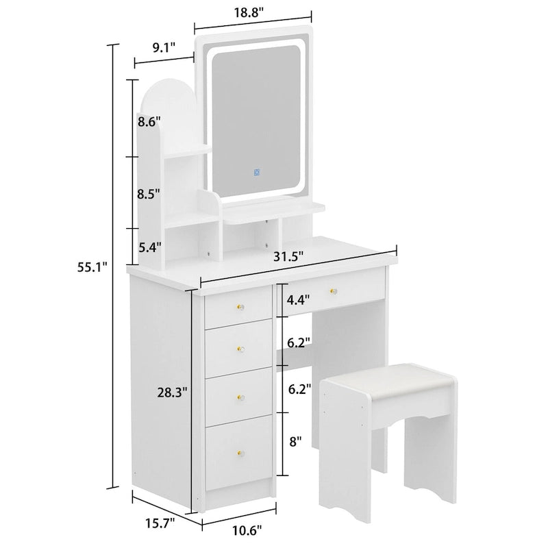 Coiffeuse de 80 cm de large avec tabouret et miroir tactile lumineux - 80W