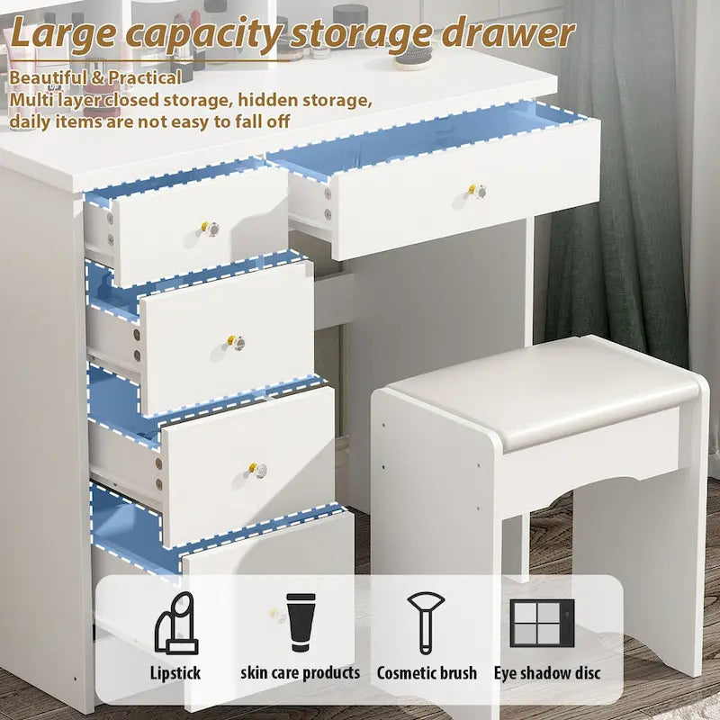 Coiffeuse de 80 cm de large avec tabouret et miroir tactile lumineux - 80W