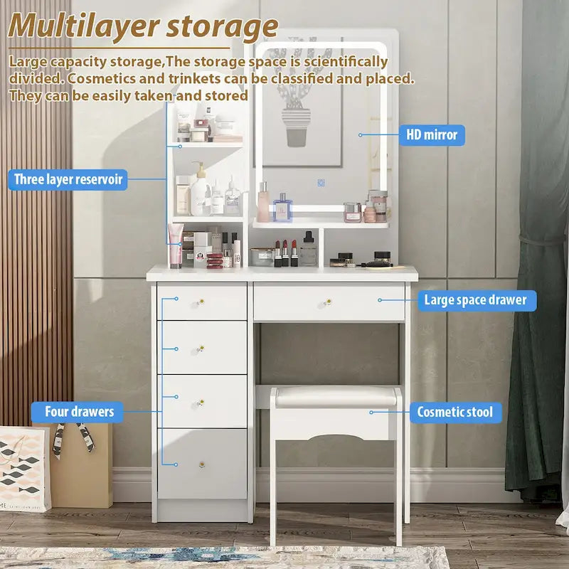 Coiffeuse de 80 cm de large avec tabouret et miroir tactile lumineux - 80W