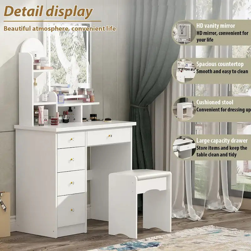 Coiffeuse de 80 cm de large avec tabouret et miroir tactile lumineux - 80W