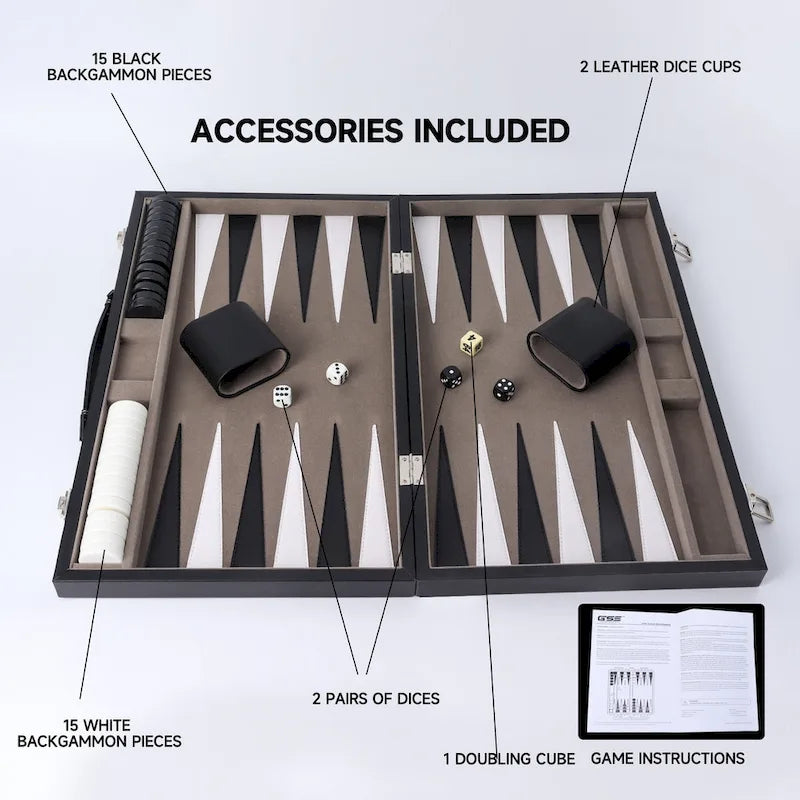 GSE 22 Jeu de Backgammon en Cuir de Qualité Supérieure, Jeu de Plateau Pliable Portable avec Pièces de Jeu - Grand