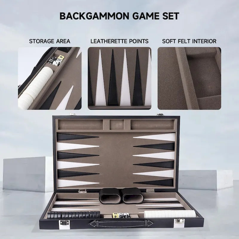 GSE 22 Jeu de Backgammon en Cuir de Qualité Supérieure, Jeu de Plateau Pliable Portable avec Pièces de Jeu - Grand