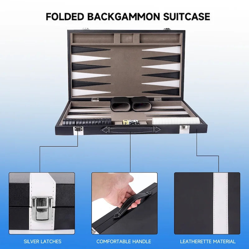 GSE 22 Jeu de Backgammon en Cuir de Qualité Supérieure, Jeu de Plateau Pliable Portable avec Pièces de Jeu - Grand