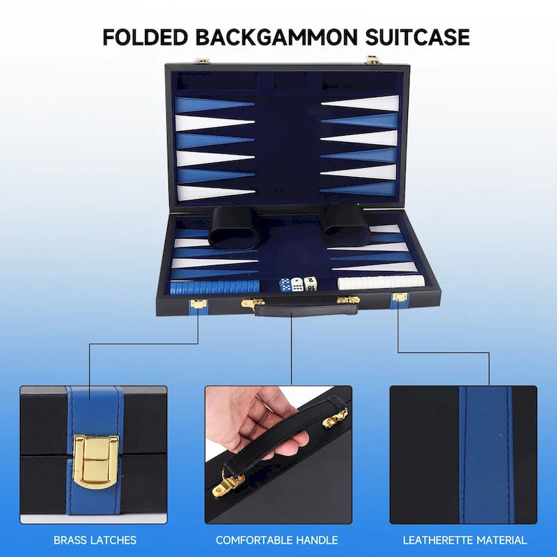 GSE 22 Jeu de Backgammon en Cuir de Qualité Supérieure, Jeu de Plateau Pliable Portable avec Pièces de Jeu - Grand