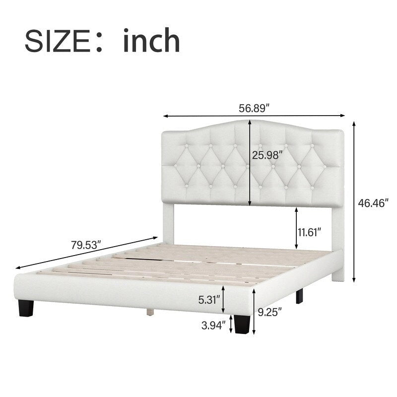 Lit plateforme capitonné en lin pleine taille avec tête de lit incurvée en forme de selle et détails touffetés en losanges, beige
